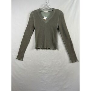 Debut Ribbed V-Neck Top Women S/M Light Moss Lettuce Edge Long Sleeve Minimalist